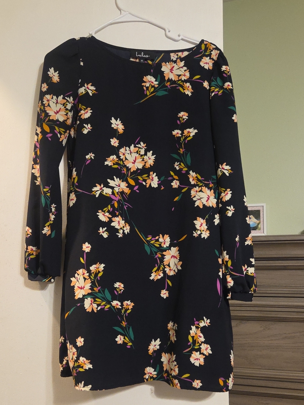Lulu's Black Floral Long-Sleeve Shift Dress with Cream & Pink Blossoms